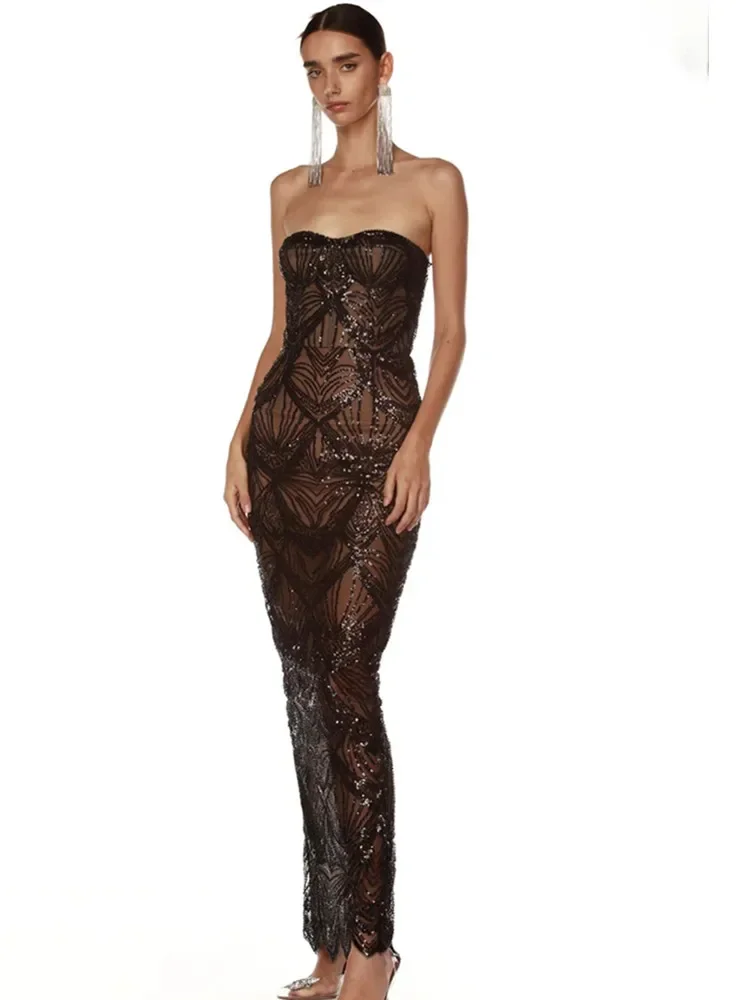 Женское роскошное сексуальное Сетчатое платье макси без бретелек с блестками