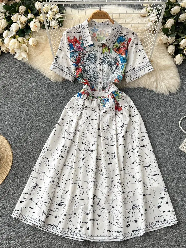 

Merchall 2022 Summer Fashion Runway Vintage Shirt Dress Women's Short Sleeve Elegant Floral Print OL Work Midi Vestidos M3070