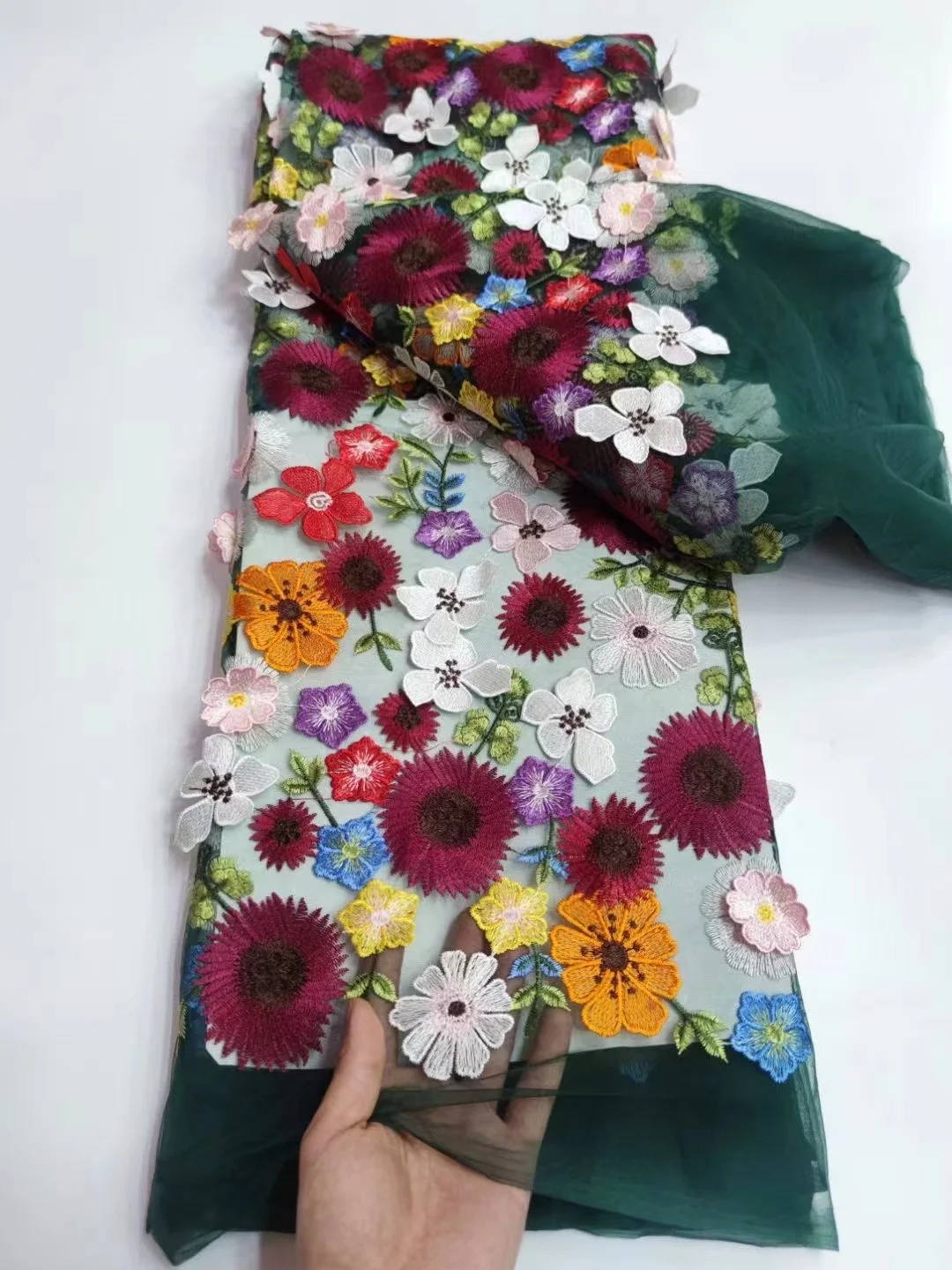 

Кружевная ткань с зеленой вышивкой и 3D цветами, 2023, Высококачественная Женская кружевная ткань из тюля для свадебного платья, 5 ярдов