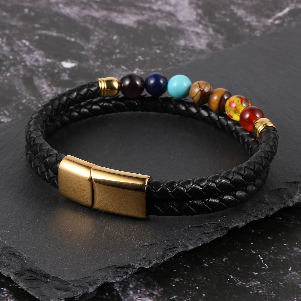 Мужские и женские браслеты из натуральной кожи 7 чакр магнитная пряжка