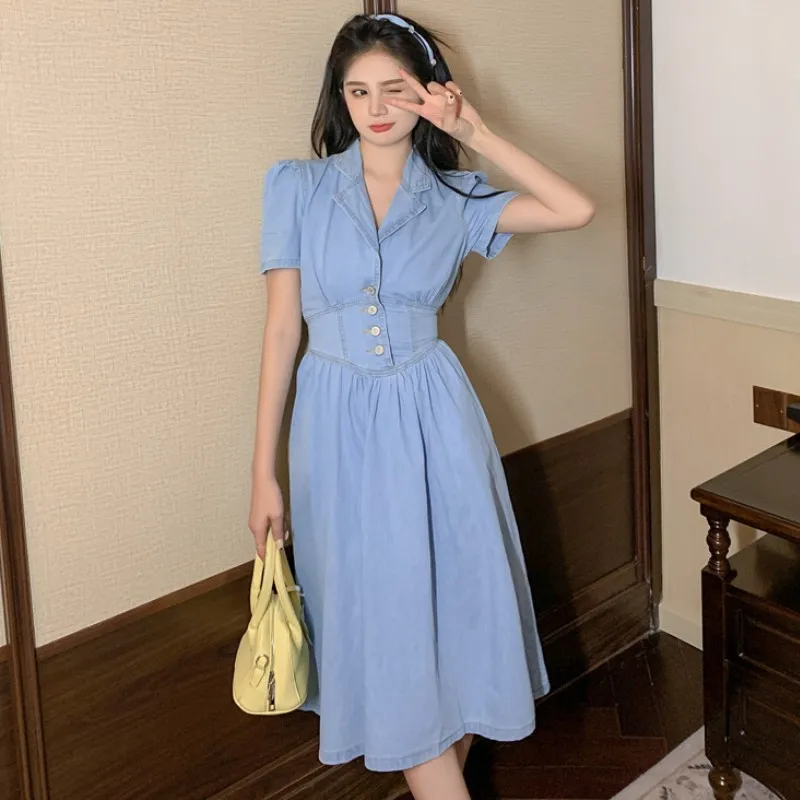 

Women Denim Dress 2022 Summer Fashion Lapel Short Sleeve Single Breasted Vintage Elegant Elastic Waist Casual Sexy Dresses Robe