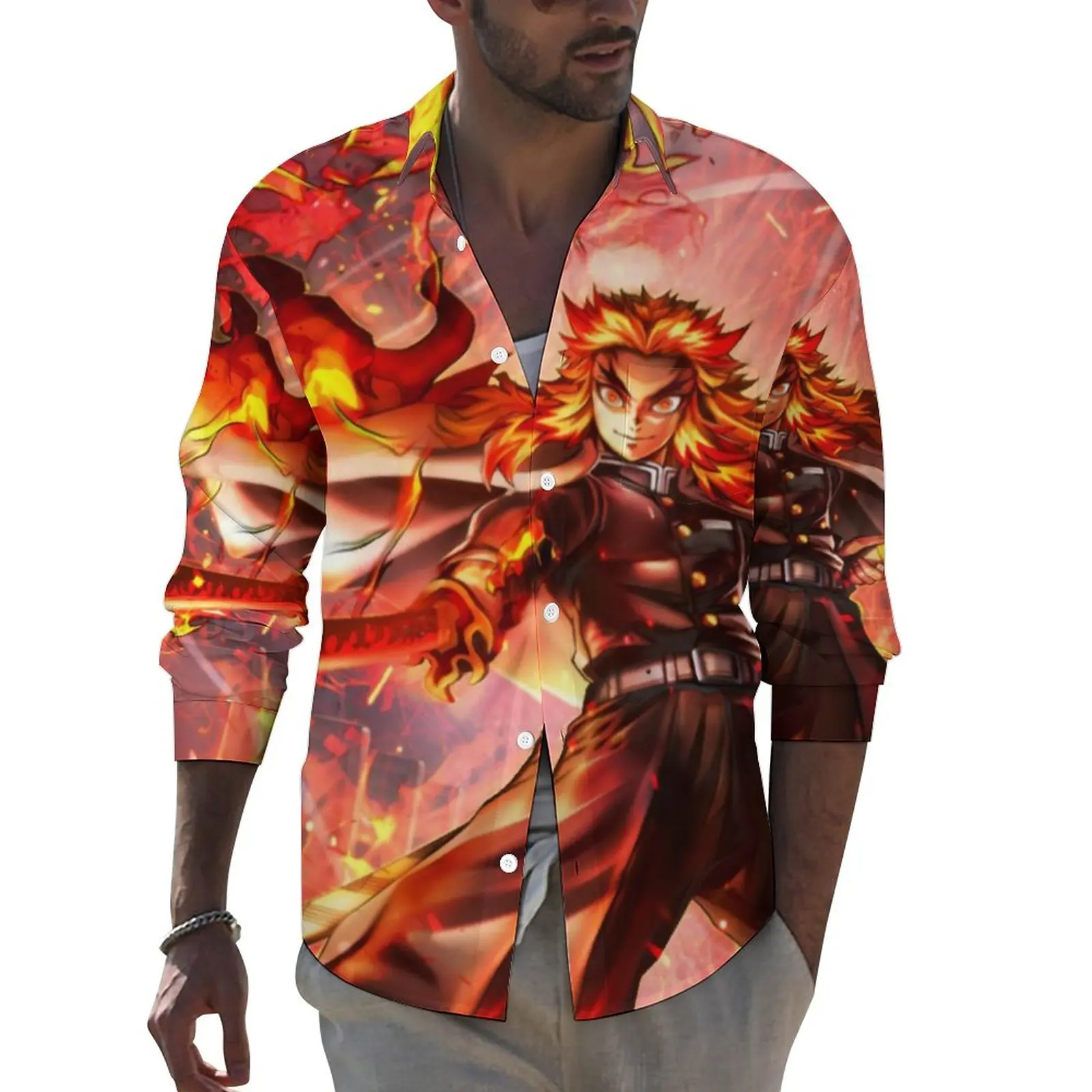 

Demon Slayer Funny Casual Shirt Man Rengoku Kyojuro Anime Shirt Autumn Trending Blouses Long Sleeve Graphic Oversize Top