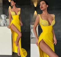 sexy prom dresses yellow split mermaid evening dress beadings floor length saudi arabia cocktail party gowns robes de soir%c3%a9e