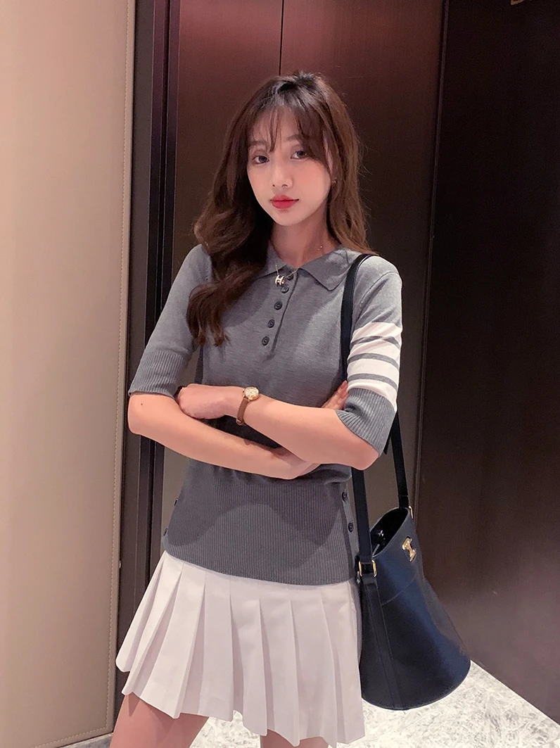 

tb ice silk bottoming shirt popular knitted short-sleeved women's this year's popular top polo shirt thin spring and summer