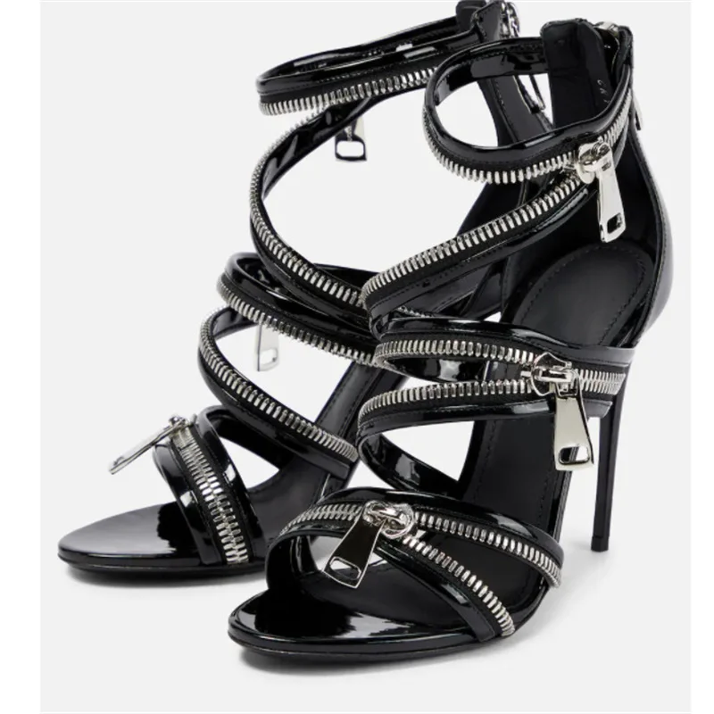

Zip Fastener Sandals Pumps Women Shoes Open Toe Thin Heels Hollow Stiletto Motorcycle Zapatos Mujer Designer Sandalias Chains