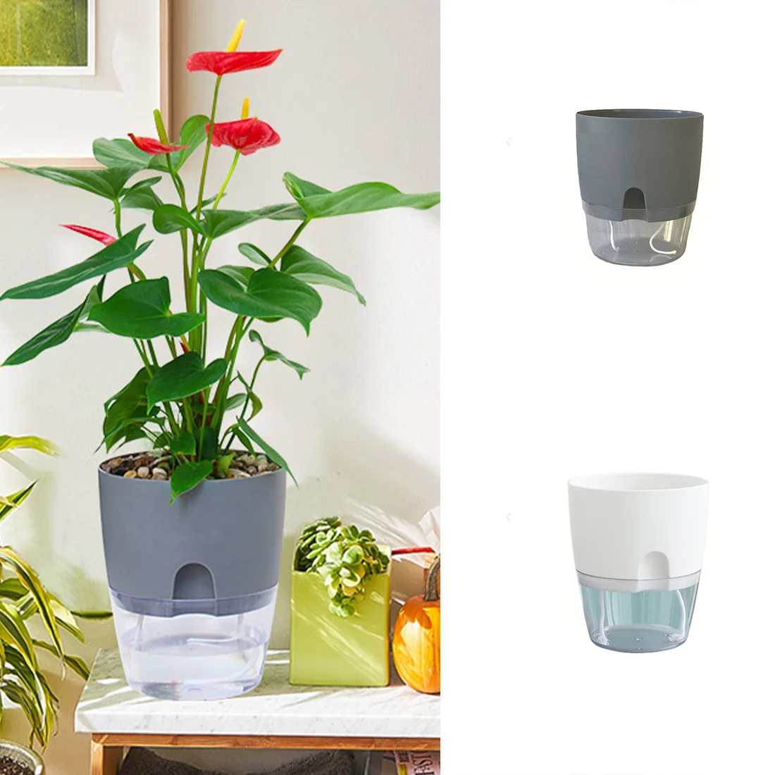 

Grey WhiteDesign Lazy Flowerpot Transparent Self Absorbing Flowerpot Room Desktop Decoration Planter New Type