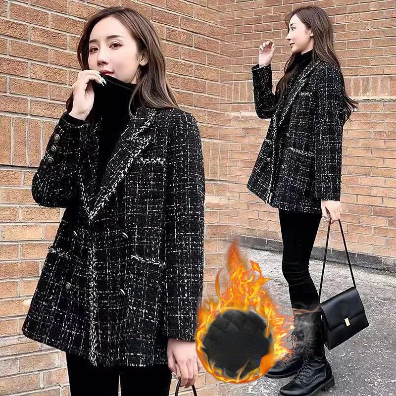 

Plaid Tweed Jacket Autumn Winter Ladies Vintage Luxury Loose Clip Cotton Thickened Coarse Flower Celebrity Splicing Small Suit