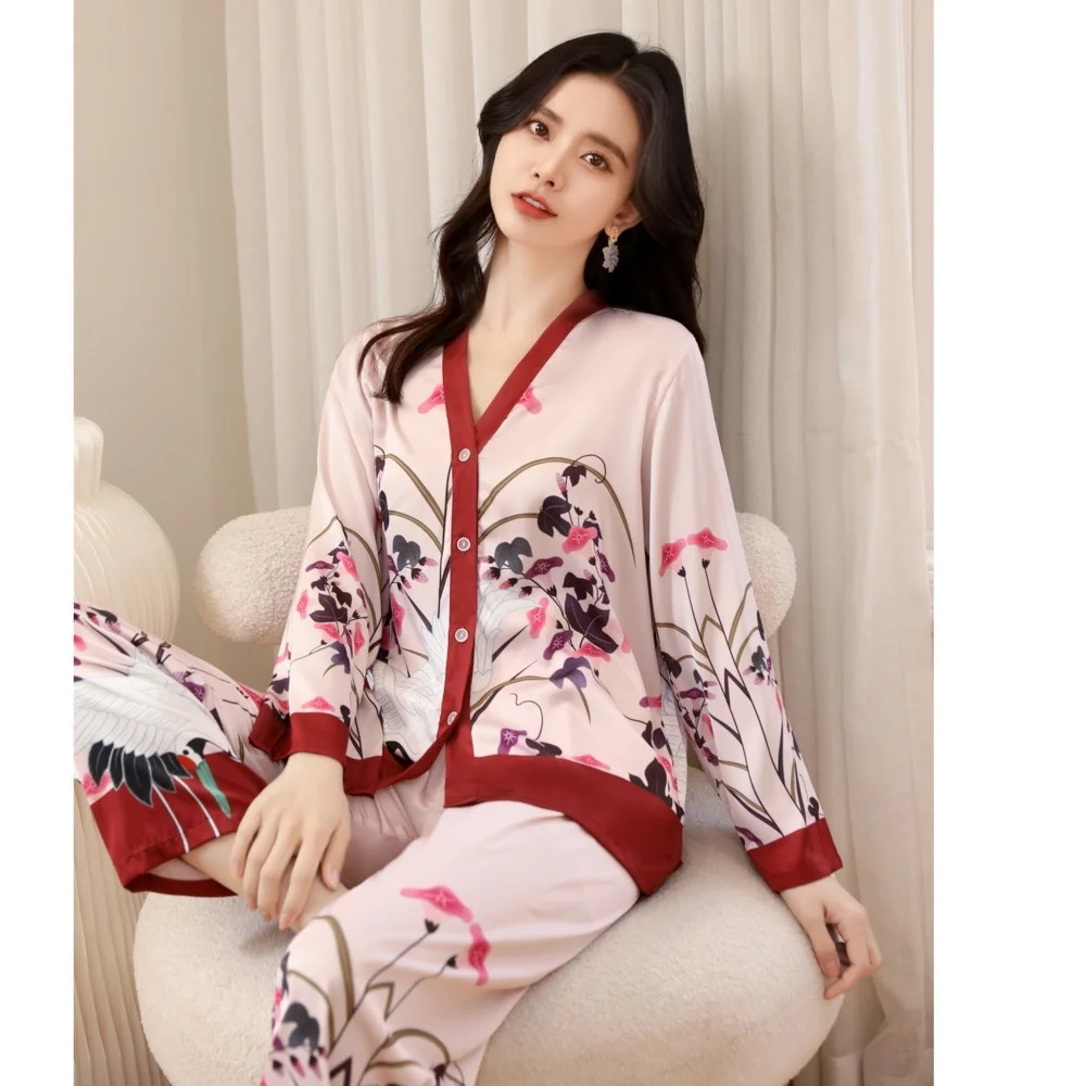 Lisacmvpnel Spring New Ice Silk Women Pajama Set Print Fashon Long Sleeve Suit Pyjamas Cardigan High Quality Suit Sleepwear