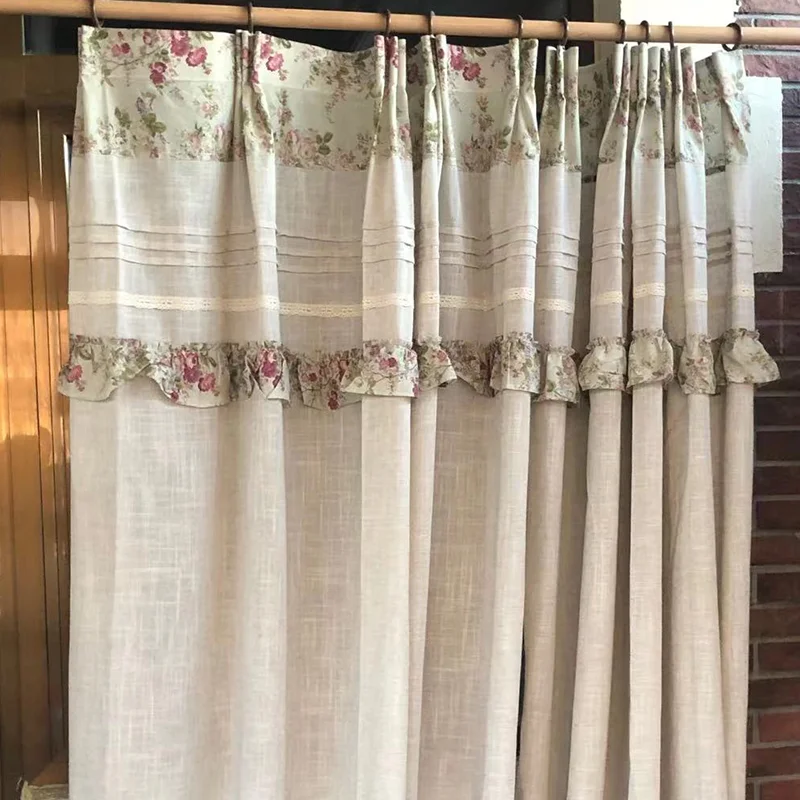 

French Romantic Rose Semi-Blackout Curtains Korean Cotton Linen Curtain for Bedroom Lace Ruffle Short Window Drape Home Decos