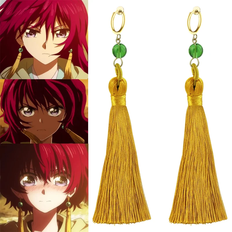 

New Anime Akatsuki No Yona Princess Earrings Yona of the Dawn Haku Green Beads Tassel Hook Ear Clips Women Cosplay Jewelry Props