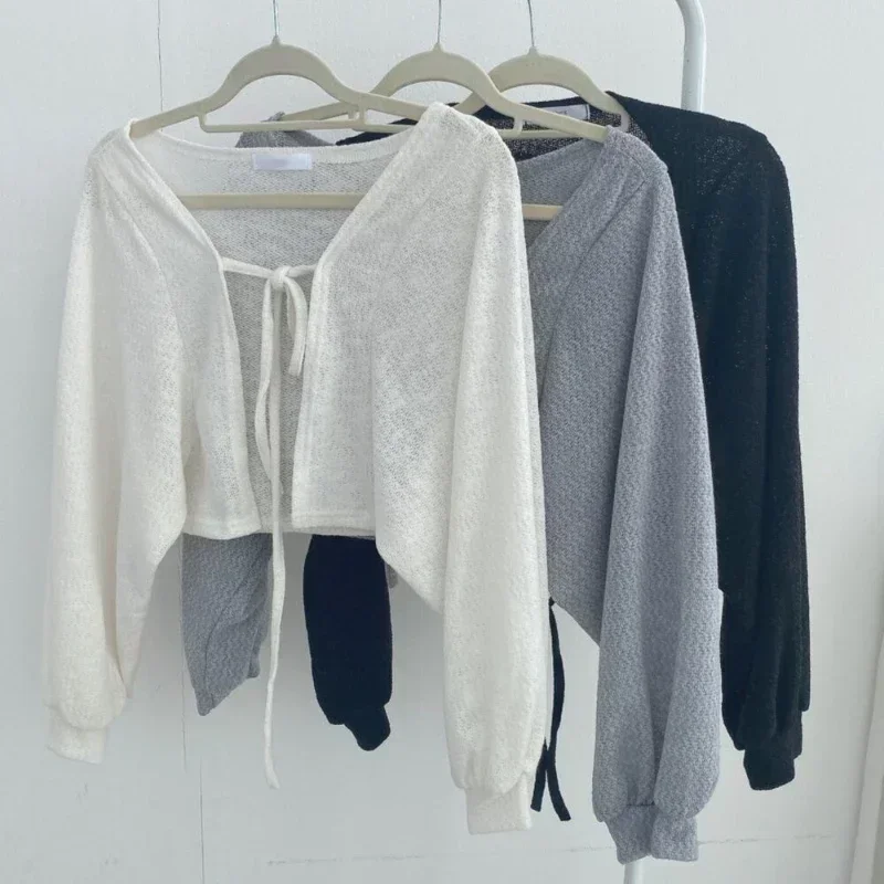 Тонкий белый кардиган с повязками и рукавами-фонариками короткое пальто женский