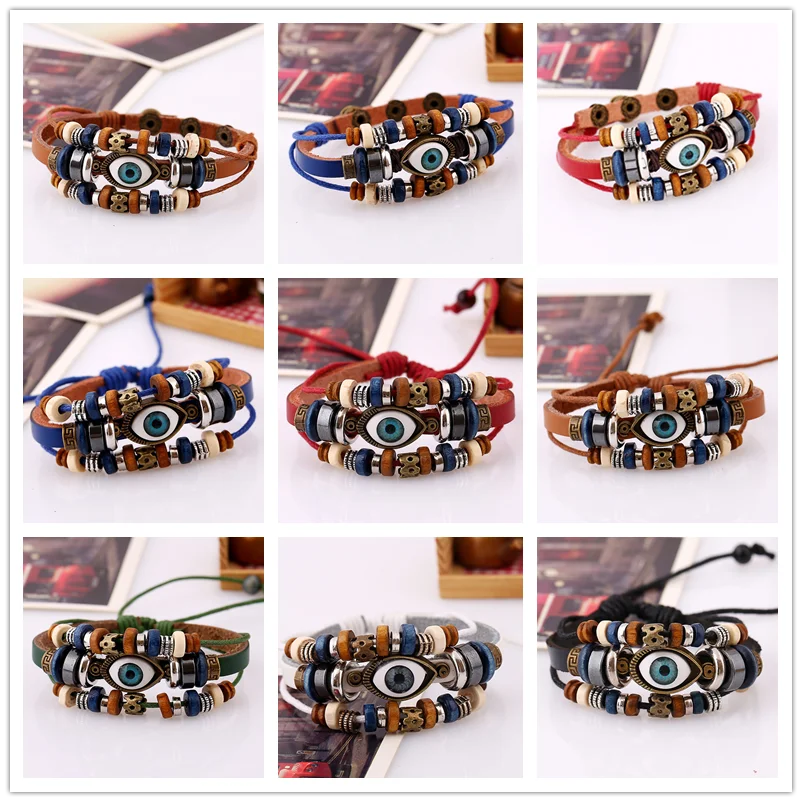 

Evil Eye Charm Bracelets For Women Men Jewelry Leather Adjustable Bracelet Vintage Wood Beaded Ethnic Pulseras Mujer Couple Gift