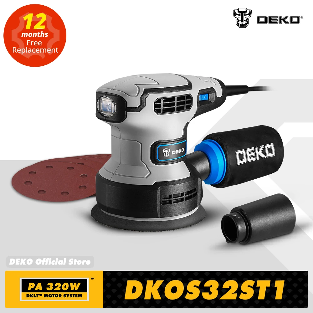 DEKO 320W Random Orbital Electric Sander Machine with 16Pcs 125mm Sandpapers Strong Dust Collection Polisher