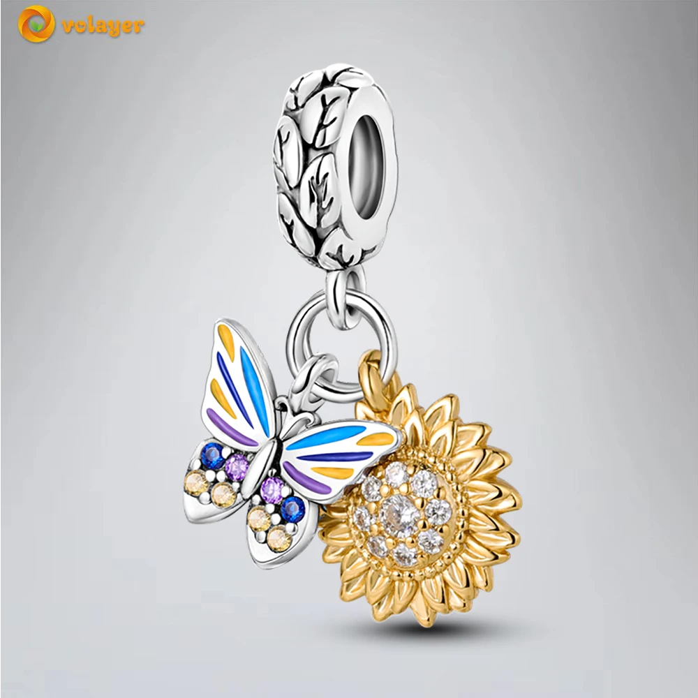 

Volayer 925 Sterling Silver Beads Sunflower Butterfly Dangle Charm fit Original Pandora Bracelets for Women DIY Jewelry