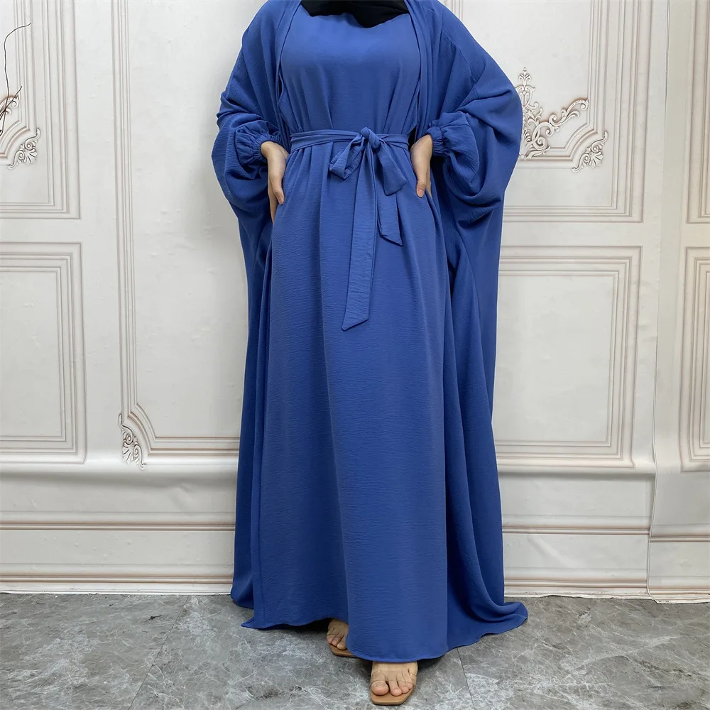 

3 Piece Matching Muslim Sets Turkey Dress Eid Abayas for Women Dubai Arabic Islam Outfit Open Abaya Kimono Wrap Front Skirt Robe