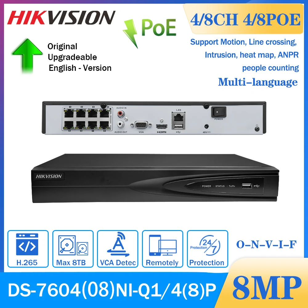 

Hikvision 4K 8MP NVR DS-7604NI-Q1/4P DS-7608NI-Q1/8P 4CH 8CH POE H.265+ 1SATA CCTV Video Recorder For IP Camera Security