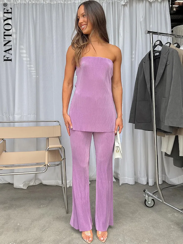 

Fantoye Sexy Strapless Pant Sets Women Purple Backless Crop Tops Loose Wide Leg Trousers Suit Casual Female Two Piece Pant Sets