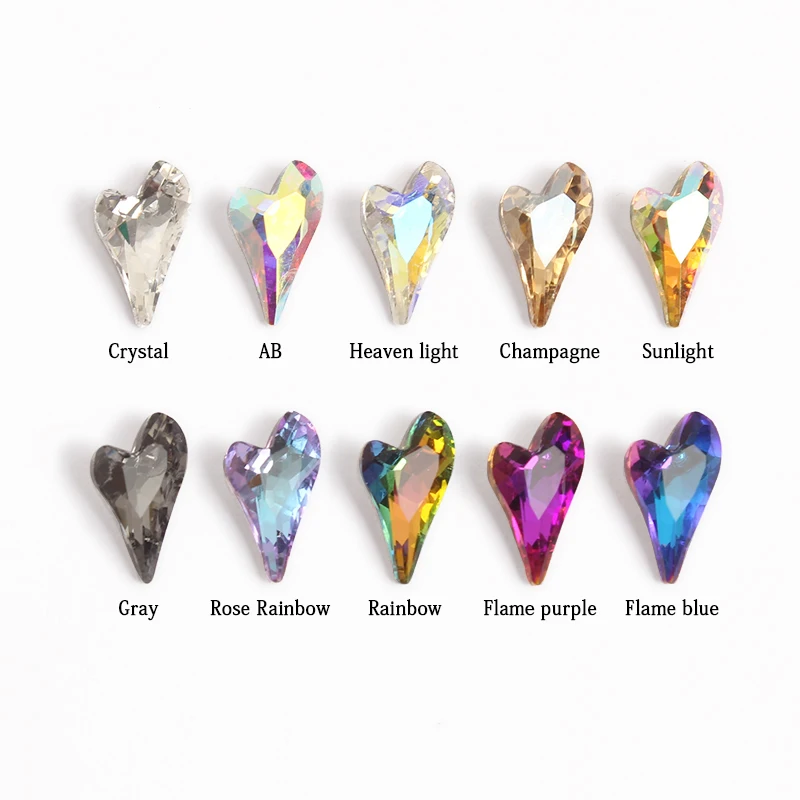 6x10MM Pointed Bottom Crooked Heart Glass Stones Nail Art Rhinestones 30/100Pcs Apply To 3D DIY Manicure Accessories