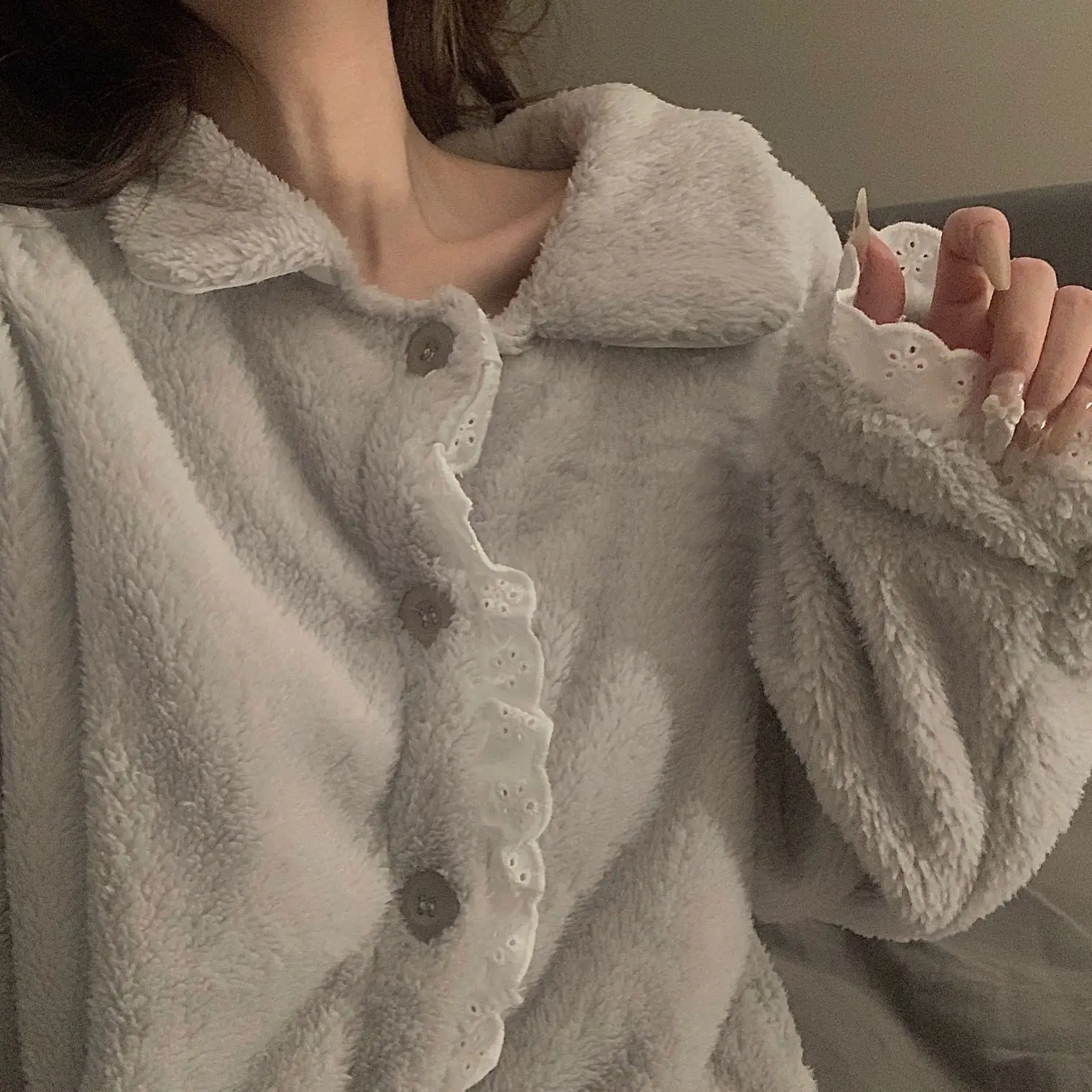 Pajamas Female Winter Ins Net Red Sweet Cardigan Lace Thickened Facecloth Girl Pajama Sets Night Gown Sleep Tops Sleepwear Women