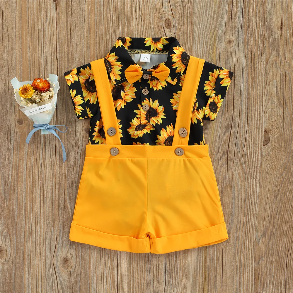 

Baby Boy Summer Short Sleeve Shirt Clothes Sets Kids Sunflower Print Bow Button Bodysuit Rompers + Suspender Shorts 2022