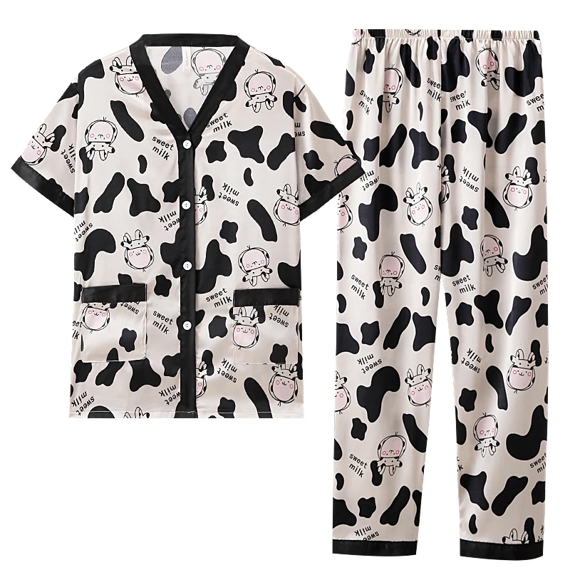 2 Piece Women Set Spring Summer Short Sleeve Pajamas for Woman Silk Fashion Sleepwear Cows Print Satin Pajama Set Long Pant
