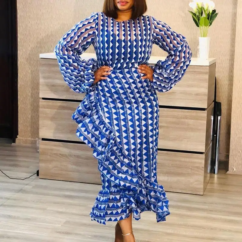 

Women Elegant Fashion Plaid Print Irregular Dress Casual Long Lantern Sleeve O Neck High Waist Ruffle Vacation Long Dress