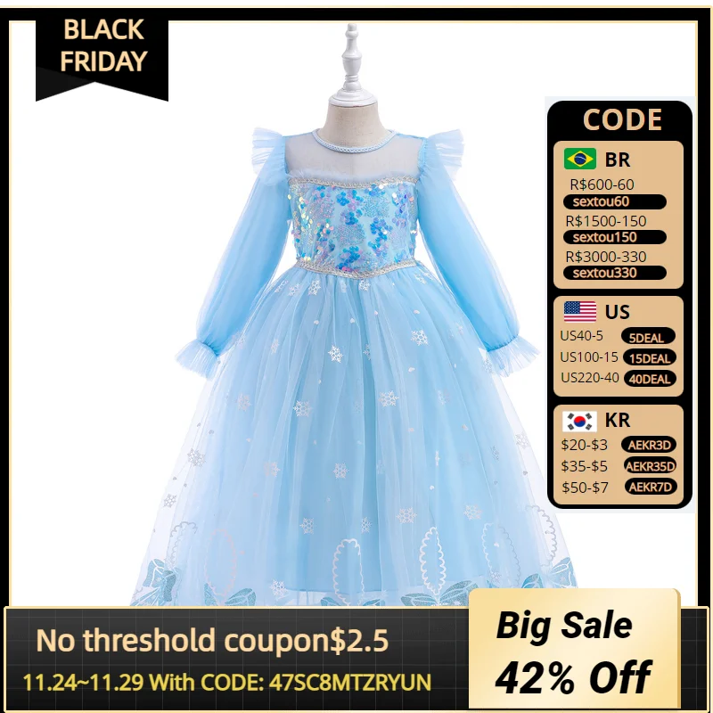 

The New Foreign Trade Children's Dress For Girls Prom Clothes 3 to 8 Years Old Printed Sequins Long Sleeve Tulle Skirt Bubble