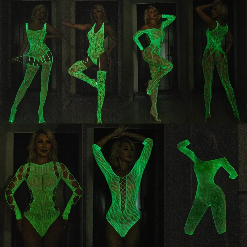 

Модное светящееся женское белье на Хэллоуин, сексуальное прозрачное Сетчатое боди, чулки, светящееся ночное белье для танцев на шесте, клубная одежда
