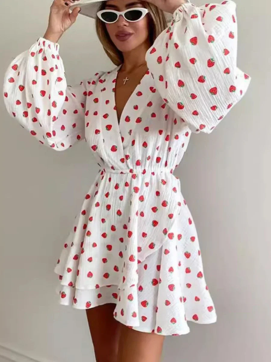 Bornladies 100% хлопок пышное платье с длинными рукавами клубничный принт v-образным
