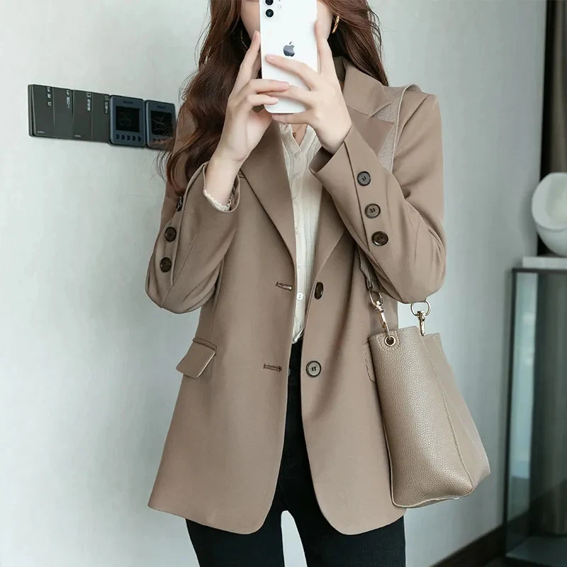 

New Female Casual Blazer Spring Autumn Loose One Piece Suit Jacket Office Women's Professional Jackets Trench Coat Brown Lined