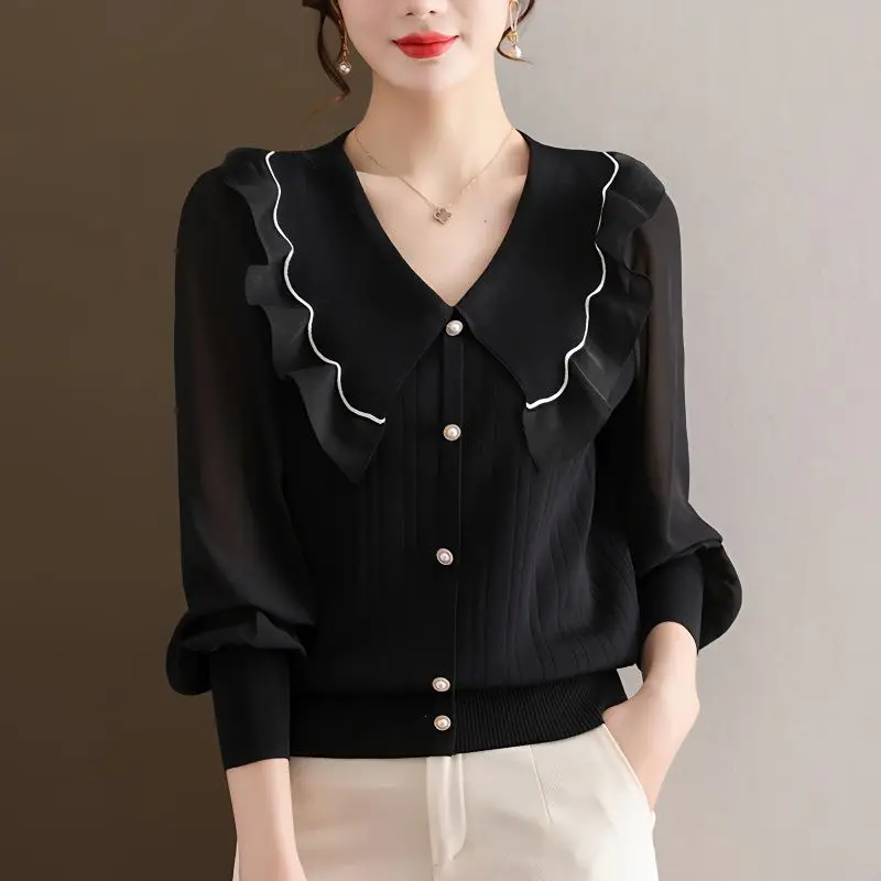 

Ice Silk Yarn Sleeve Top for Women shirt 2023 Spring Autumn New Loose Belly-Covering Long Sleeve Thin Splicing Knitwear blouses