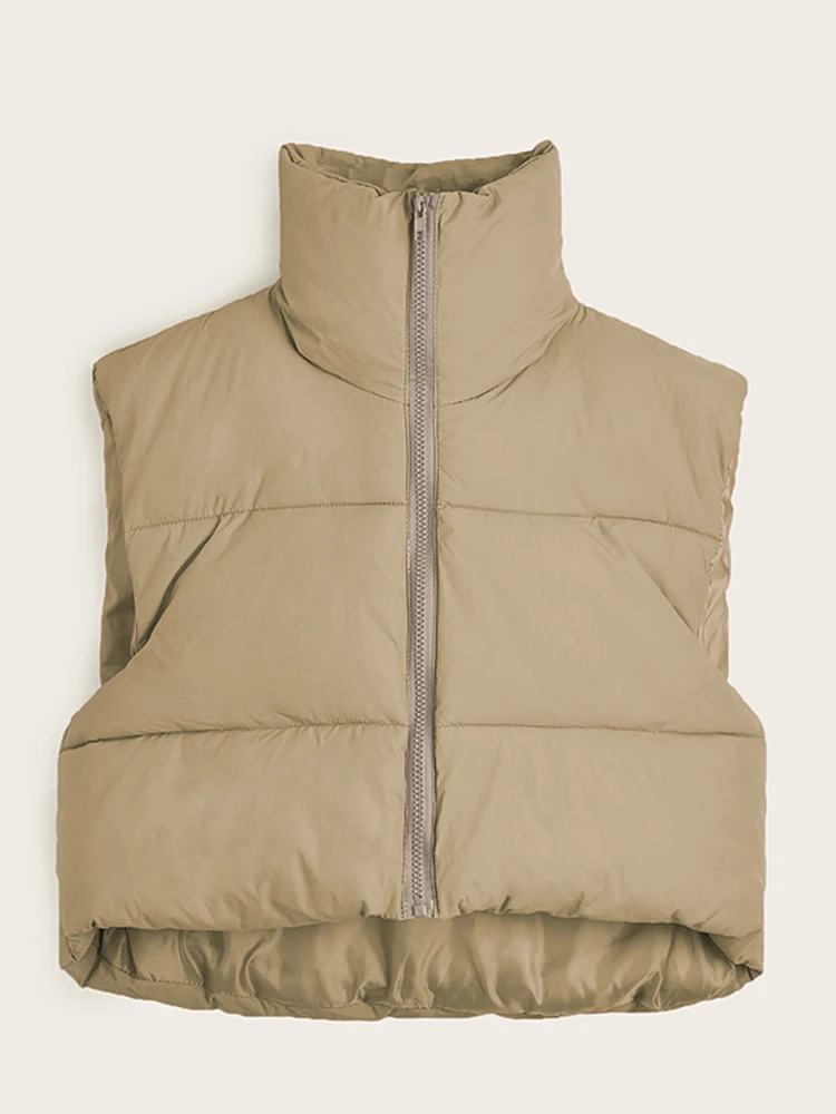 

Warm Puffy Waistcoat Women Winter Loose Zip-up Stand Collar Sleeveless Cropped Vest Female Elegant Lightweight Padded Vest Coat