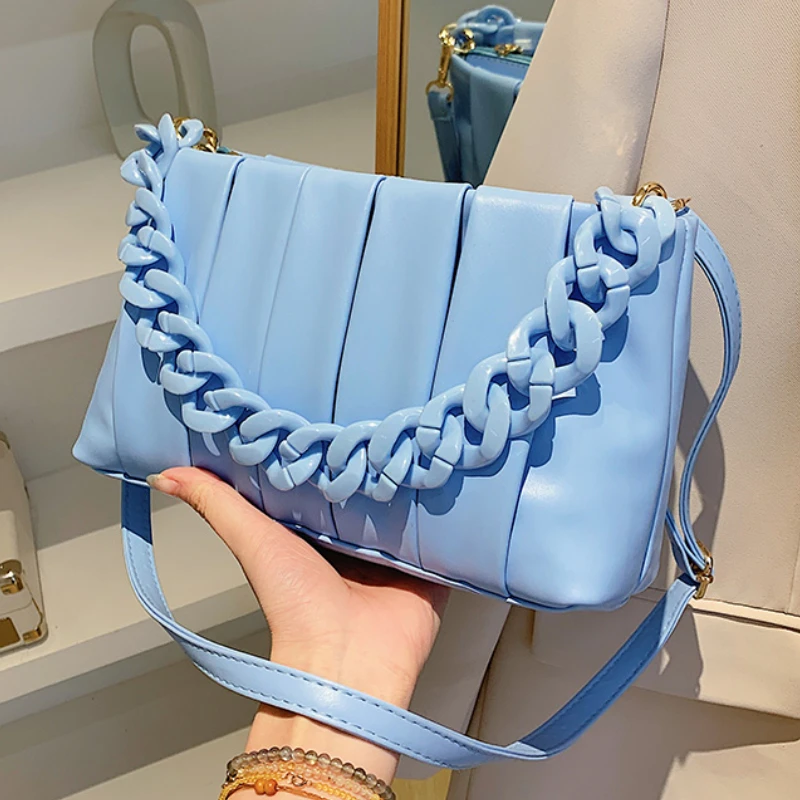 

Famouse Brand Handbag With Thick Chain Handle Designer Pleated Shoulder Bag For Women Clutch Purses Crossbody Bag Long Belt