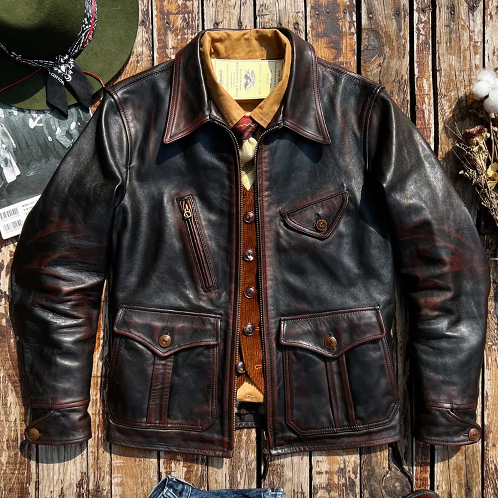 

Made Hand Horsehide Jacket Winter Newsboy Man Coat Derma Vintage Motorcycle Genuine Leather Overcoat US Street Clothing Brand