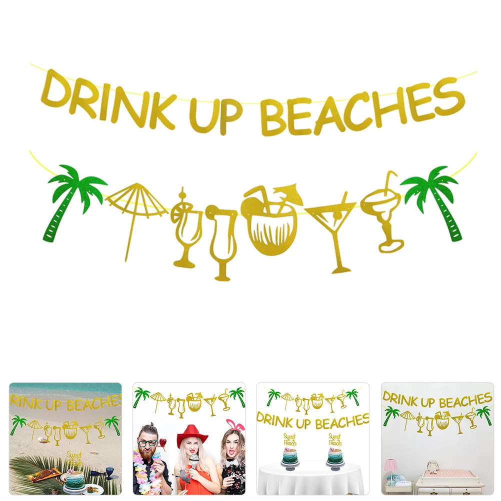 

2 Pcs Hawaiian Banner Summer Party Pendant Drink Up Beaches Hanging Flag Gold Glittery Decorate Paper Seaside Tropical Favors