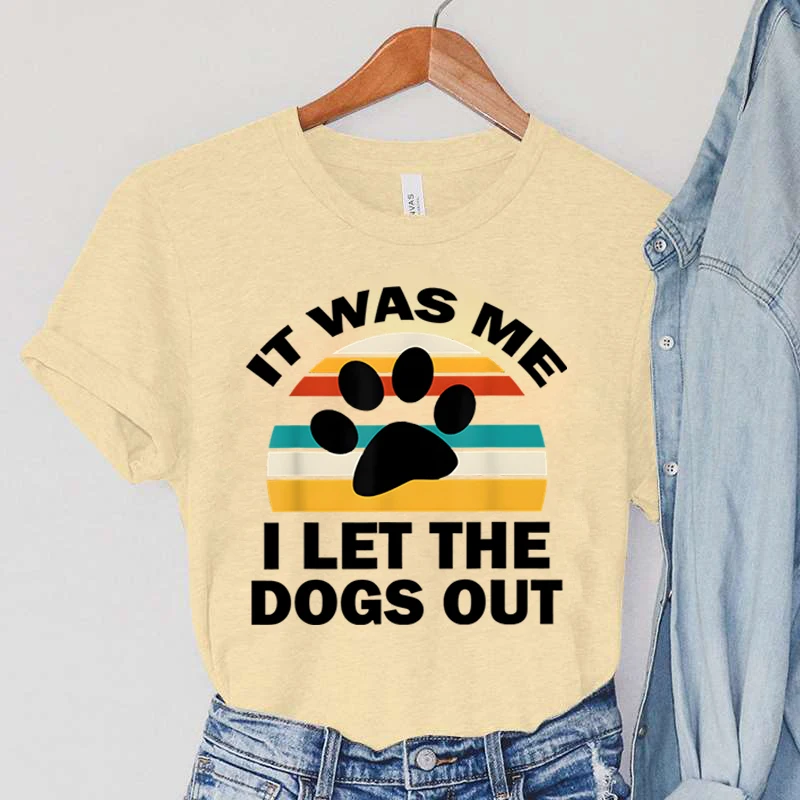 

Лидер продаж, женские футболки с принтом собаки, летние женские футболки с полукругом и радугой, женские повседневные модные футболки с надписью «I Let The Dogs Out»