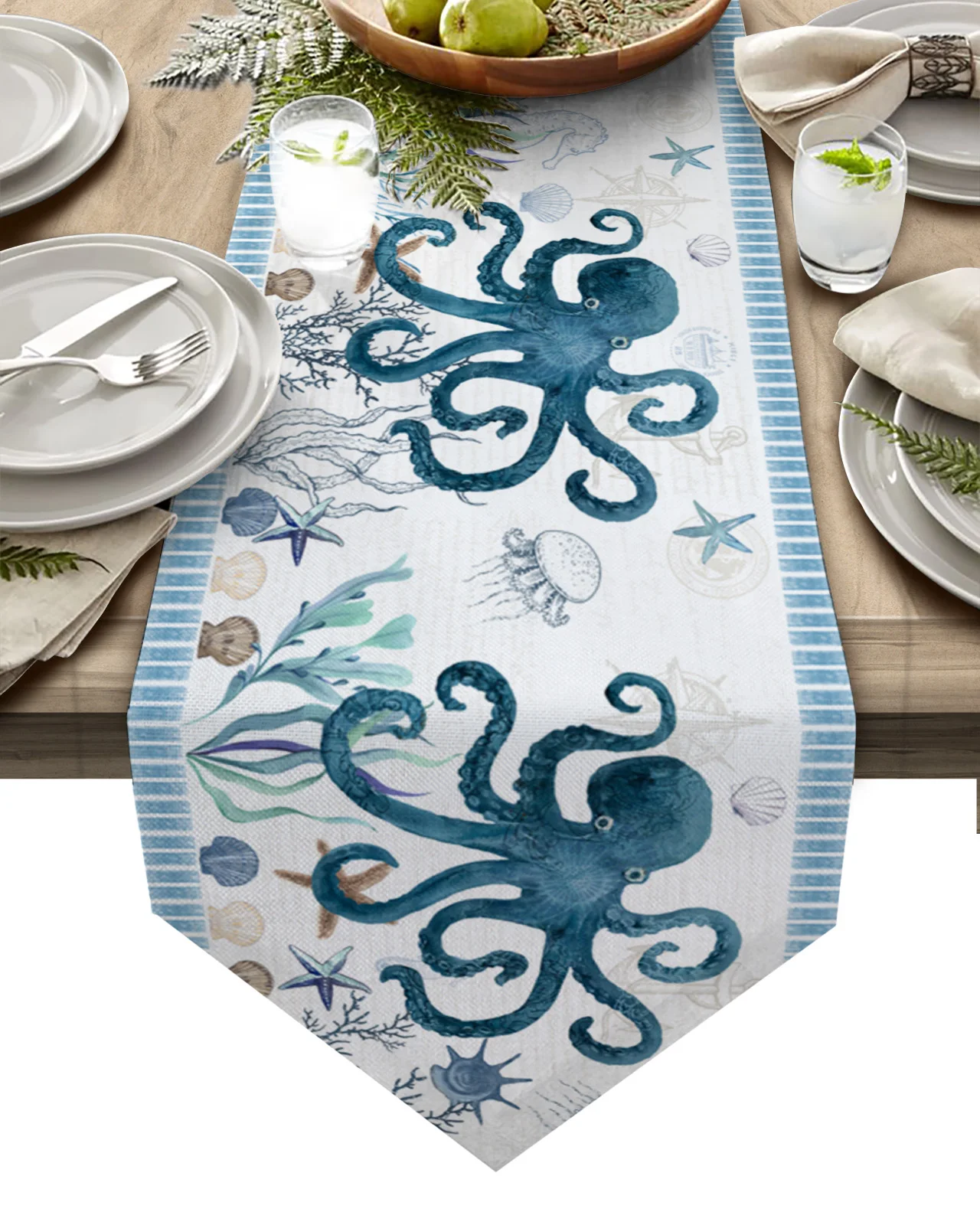 

Ocean Stripes Starfish Octopus Table Runner for Wedding Banquet Home Festival Party Dinning Table Decoration Table Runner