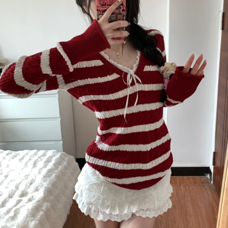 Deeptown милый полосатый свитер женский элегантный красный вязаный пуловер