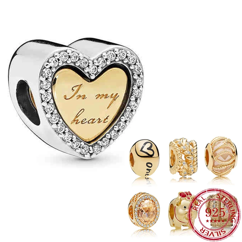 

S925 Стерлинговое серебро позолоченное сердце дизайнерские шармы бусины подходят для оригинальных браслетов Pandora женские DIY Изготовление ювелирных изделий