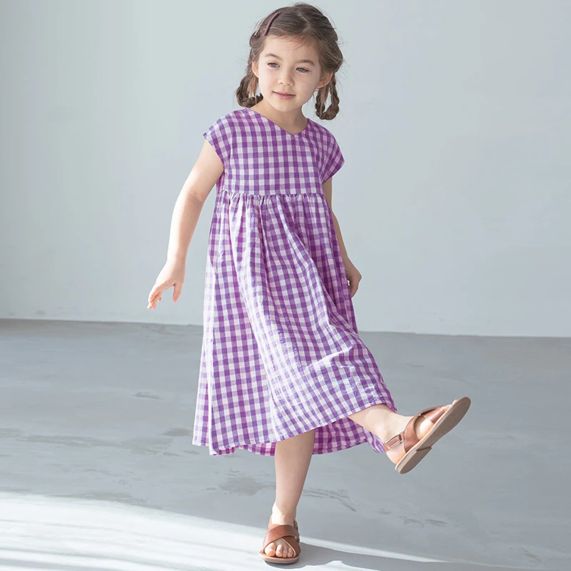 French V-Neck Girls Lavender Purple Plaid Dress Summer New Baby Girl Short-Sleeved Casual Loose Pastoral Style Vacation Dresses