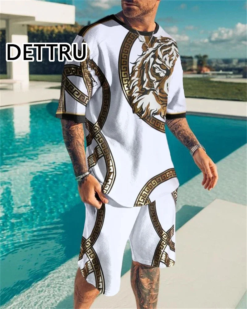 

New Summer European and American Oversized Men's Trend Casual 2022 Beach Style Texture 3D Digital Printing T-shirt Shorts Suit