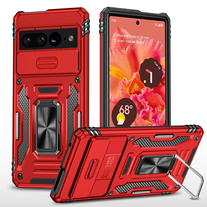 

Armor Phone Case for Google Pixel 7 Pro Soft TPU+ Hard PC Rugged Car Metal Ring Shockproof Slide Lens Cover with Kickstand
