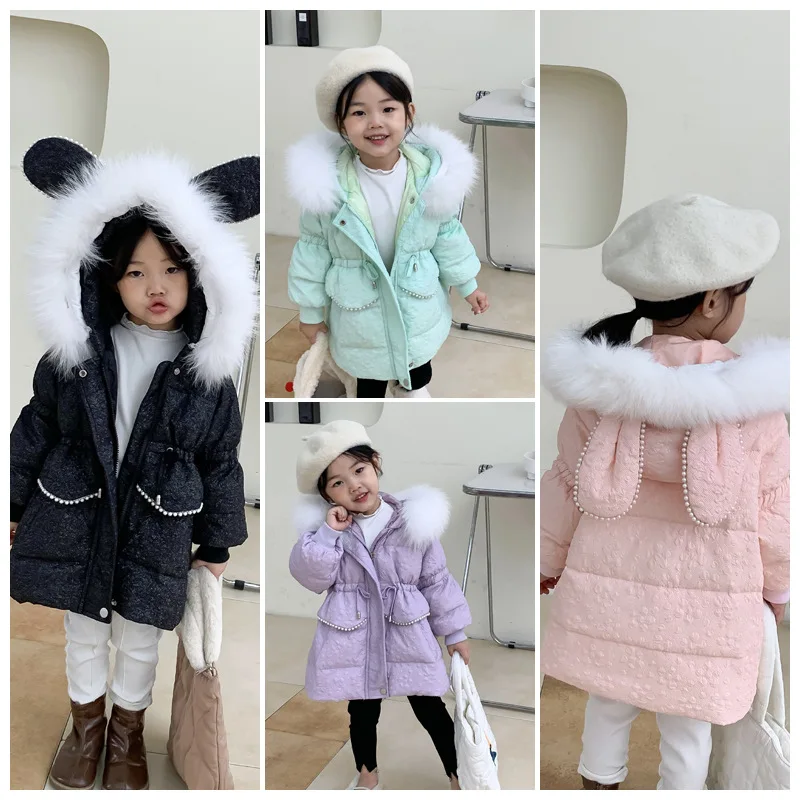 

Пуховик зимний средней длины для девочек, с меховым воротником и капюшоном, 2022