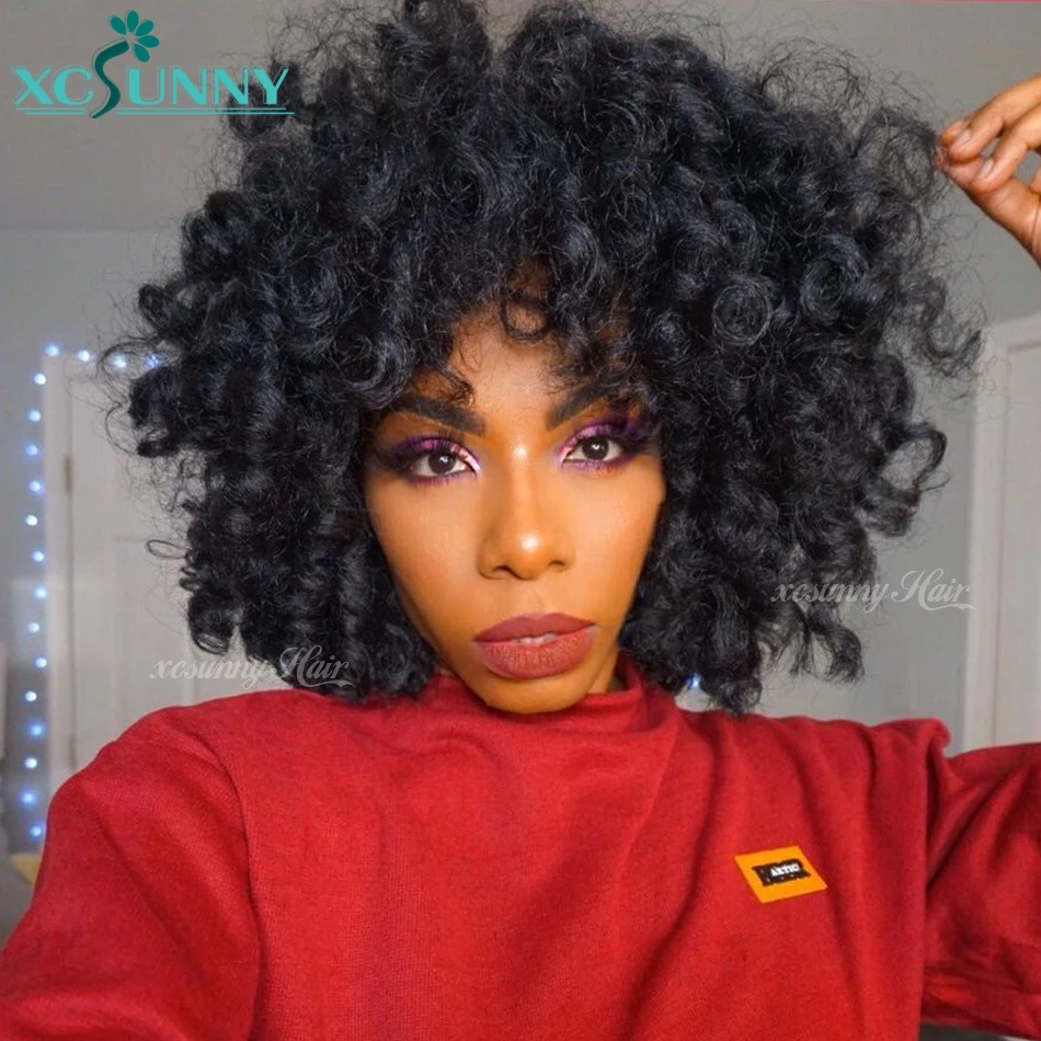 Romance Curl Human Hair Wig With Bangs Curly O Scalp Top Full Machine Made Wig For Women Glueless Soft Remy Brazilian Hair