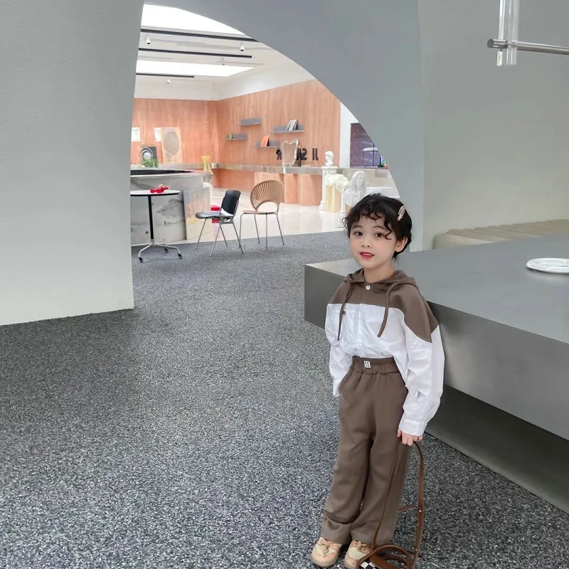 

Children Sets Sweatshirt Outerwear Hooded Button Patchwork Pants Full Length Elastic Waist Loose Soft Fashion Casual Autumn Girl