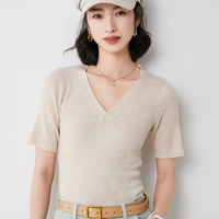 2022 summer new wool knitted sweater short sleeved t shirt female v neck half sleeved slim thin section thin bottoming shirt top