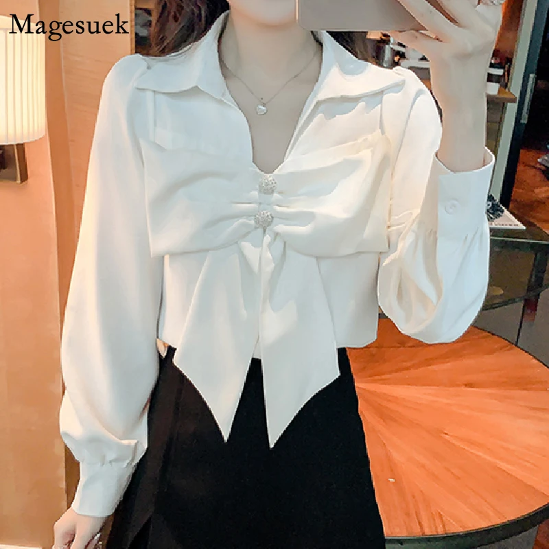 

V-neck Long Sleeve Women Blouses Fashion Vintage Bow White Shirts Tops Elegant Chiffon Shirt Blusas Mujer Women's Clothing 20073