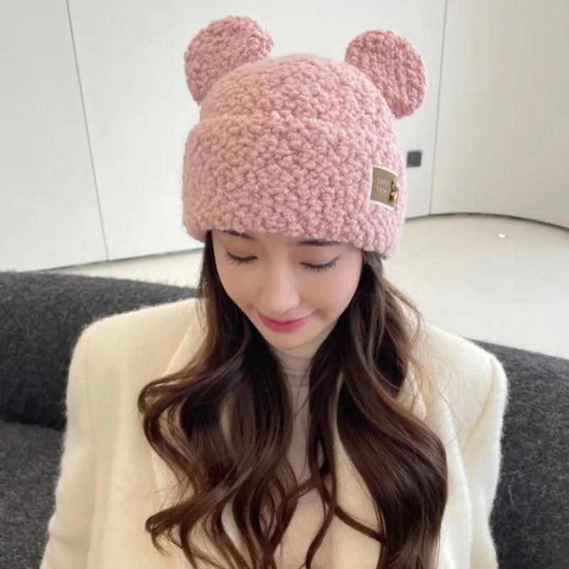 

2022 New Bear Skullies Cap Women Autumn and Winter Ear Protection Cute Hat Plush Warm Against Cold Knitting Beans Cap Bonnet