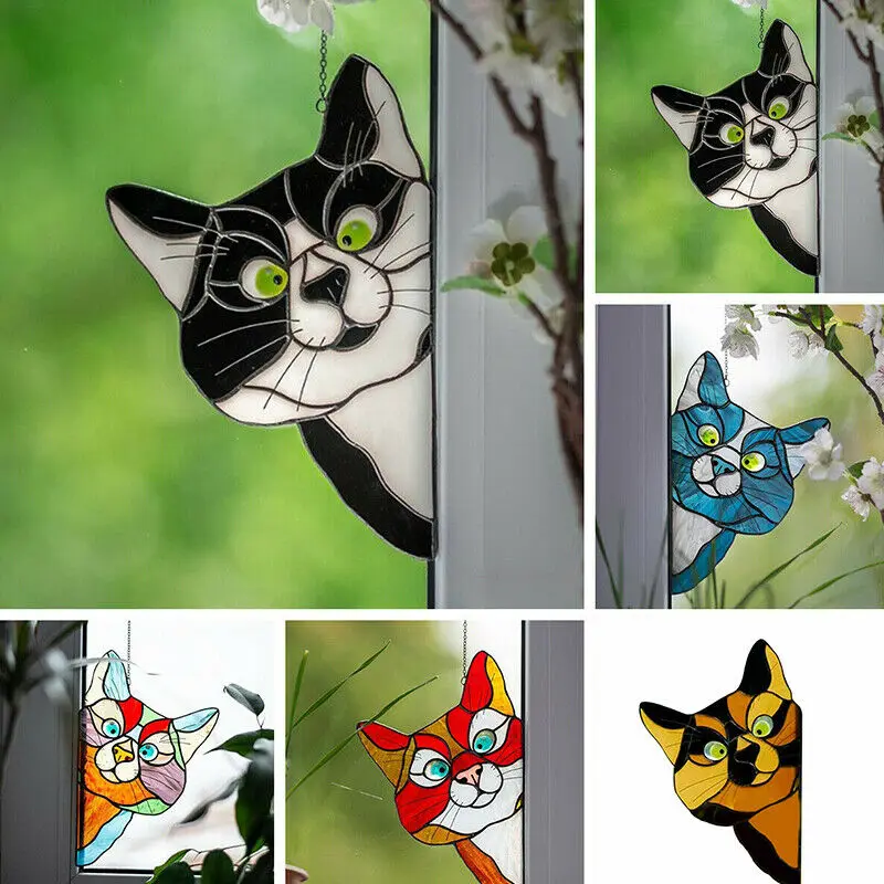 

New Cat Stained Acrylic Sun Catcher Kitten Window Hanging Suncatcher Glass Decor