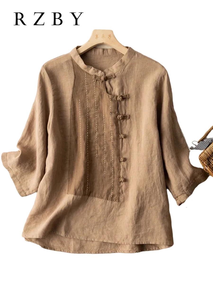 

Linen Cotton Chinese Style Summer Shirts Women Disc Buckle Blouse Loose Vintage Tops Half Sleeve Female Clothing Casual RZBY2153
